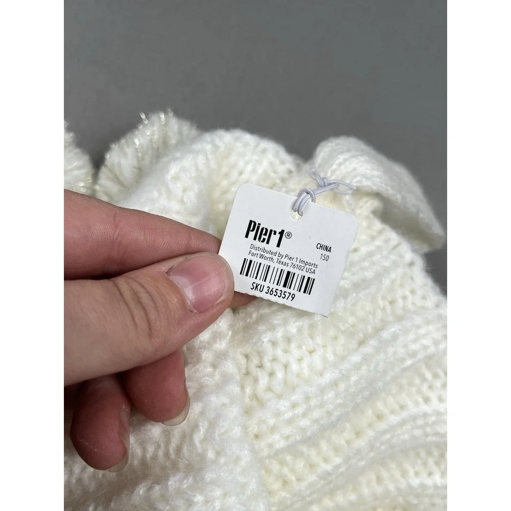Vintage Pier 1 Christmas Stocking White Crochet Knit w/ Pom Poms NWT lot of 2
